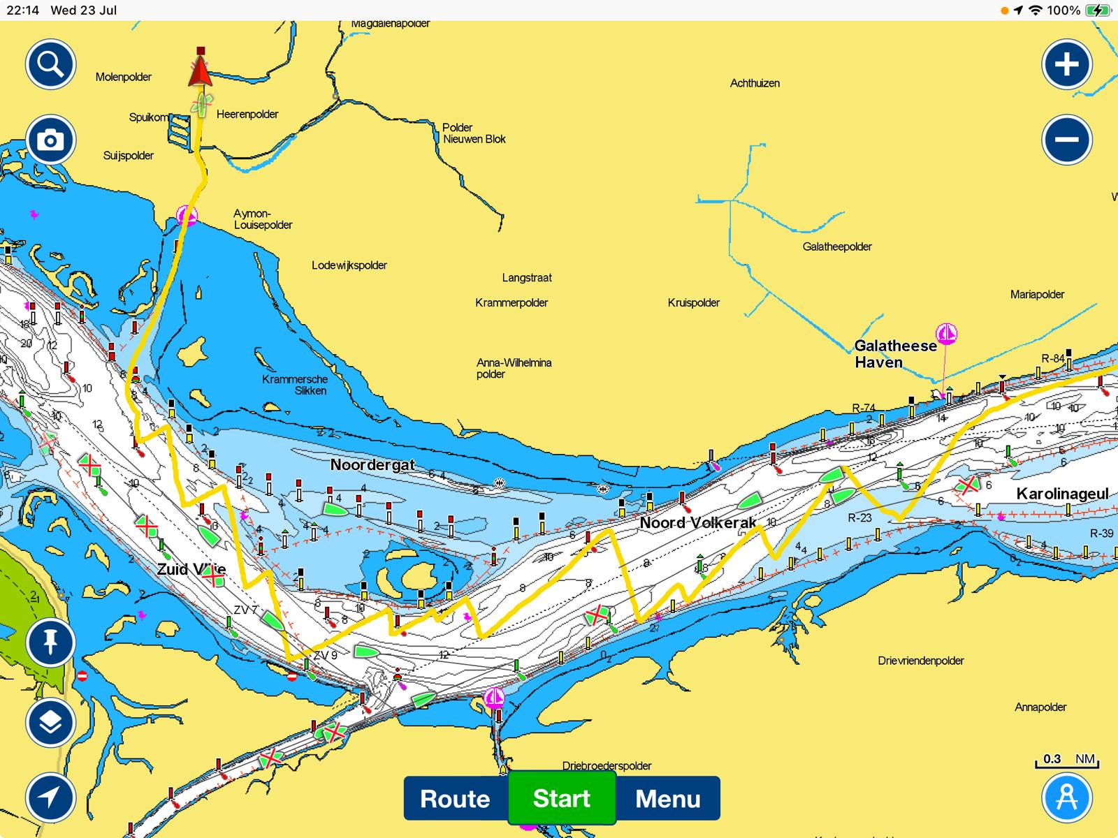 Navionics on iPad showing own vessel position, AIS targets and route — data provided by the NMEA WiFi Bridge
