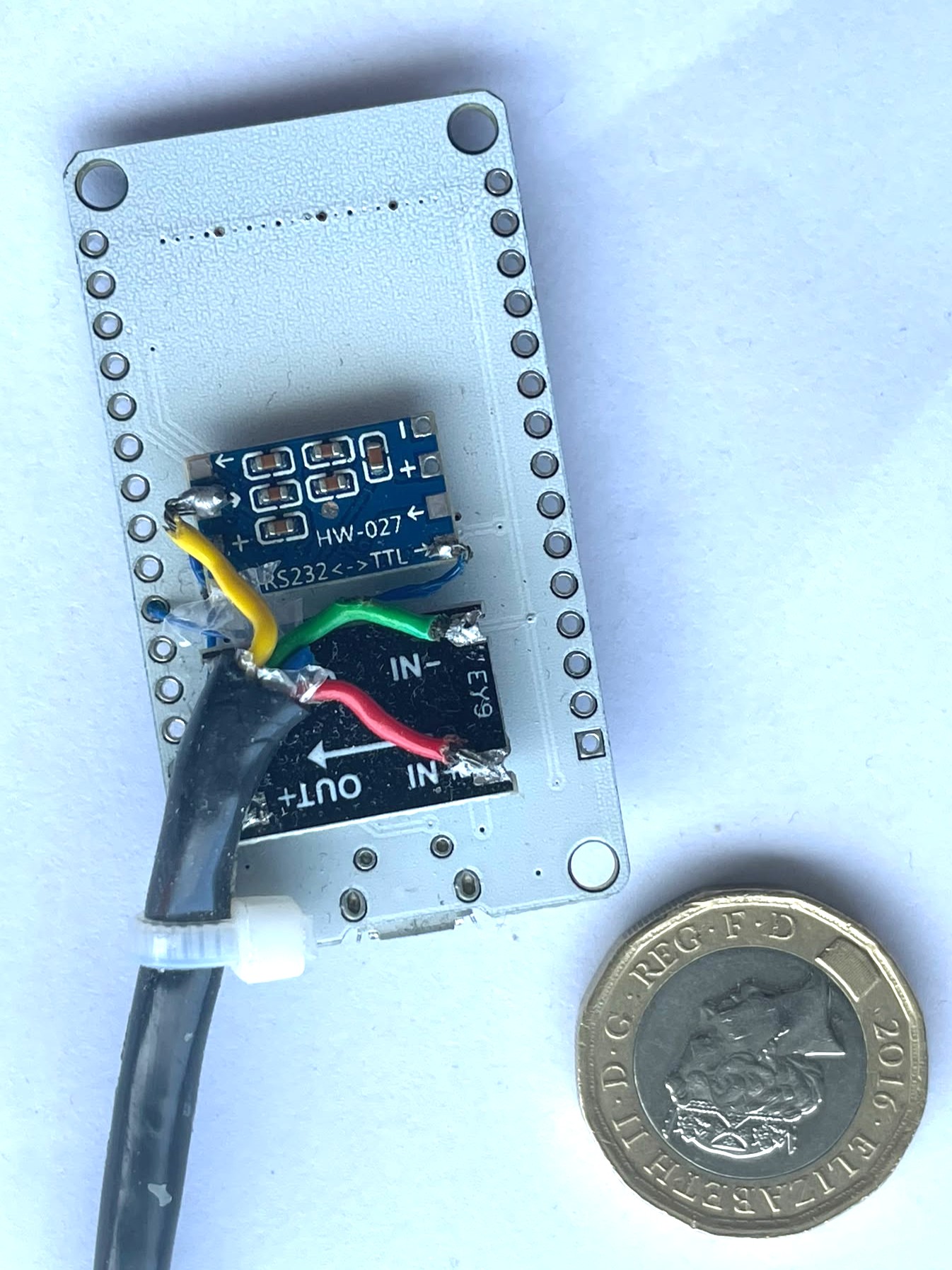 Assembled NMEA WiFi Bridge unit — ESP32 development board with DC-DC converter and HW-027 RS-232 adapter glued on, coloured wires connecting the boards